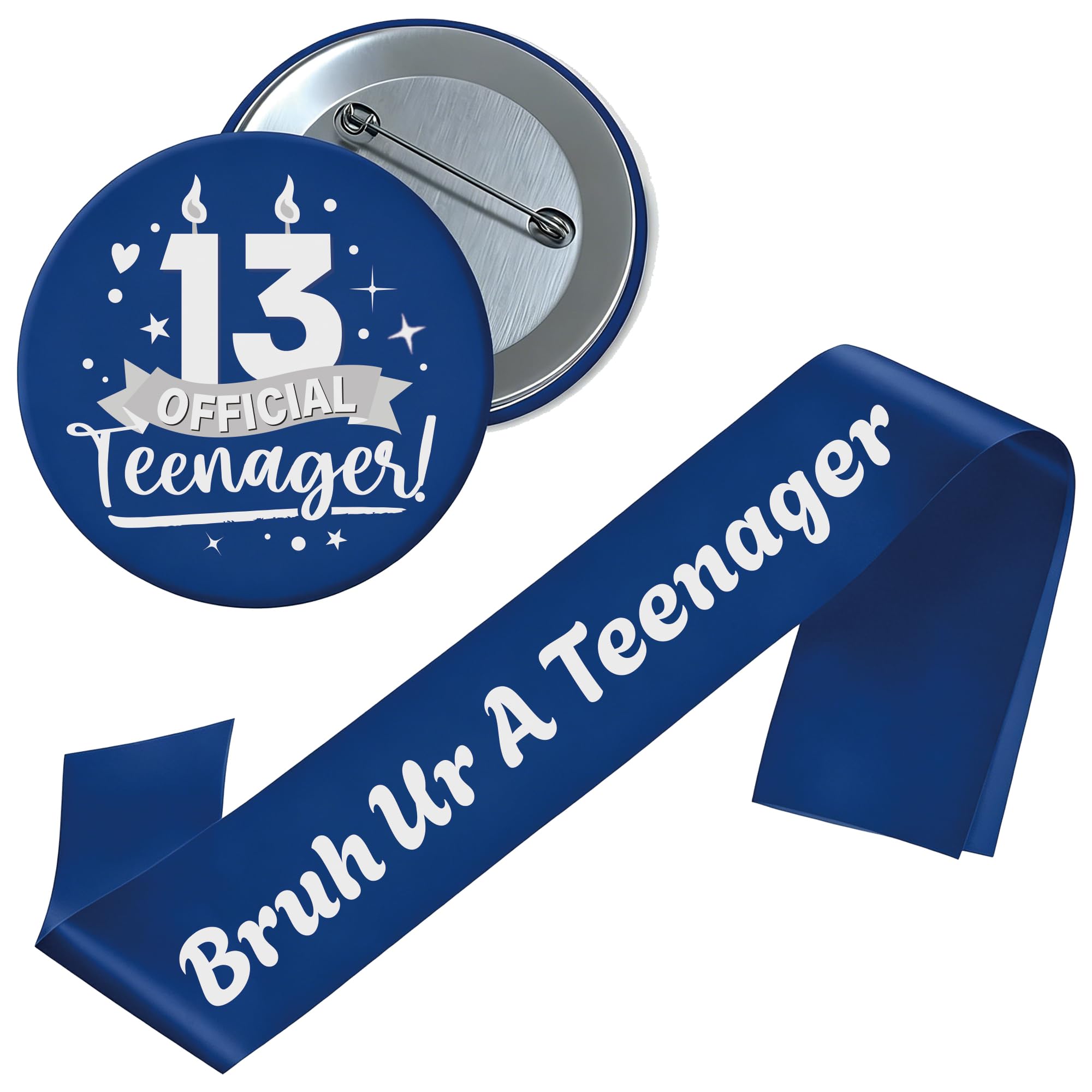 13th Birthday Sash Badge Boys - 2 Pcs Blue Silver Bruh Teen Set