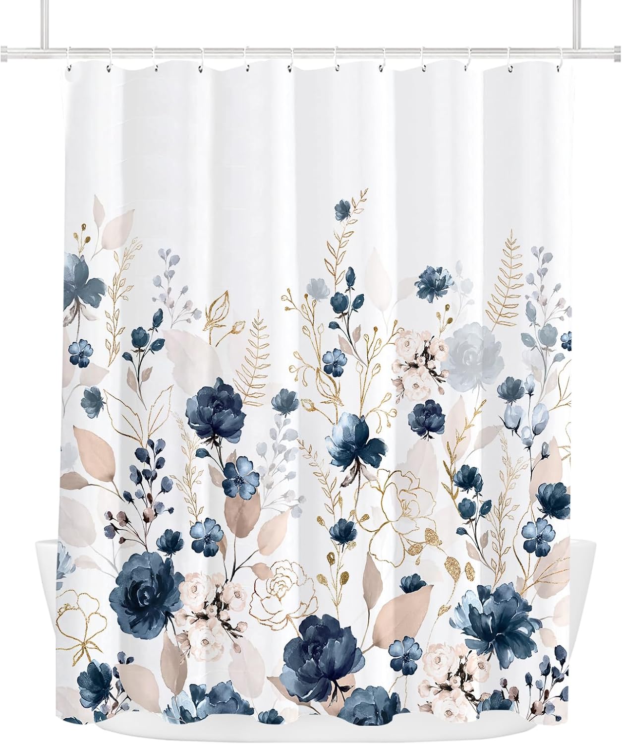 Tititex Aesthetic Navy Blue Floral Shower Curtain Sets, Watercolor Gold Flowers Leaves Bathroom Decorative 71x84 Inch Polyester Waterproof Fabric Bath Curtain with Hooks