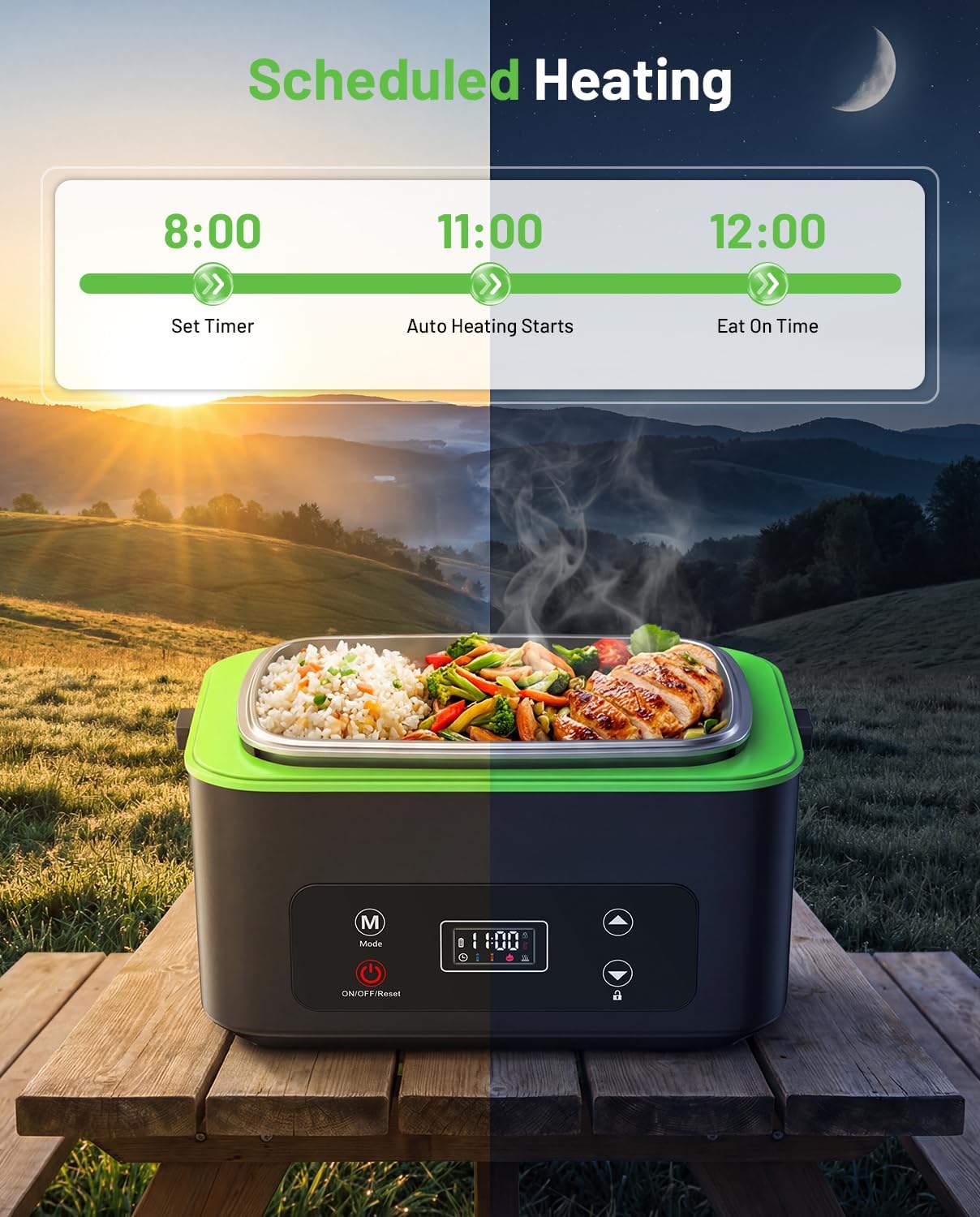 Heated Lunch Box, 100W Cordless Electric LunchBox with Scheduled Heating and Leakproof 1.2L Battery Operated Food Warmer for Car Travel Jobsite, Portable for Truck Drivers Workers Adults
