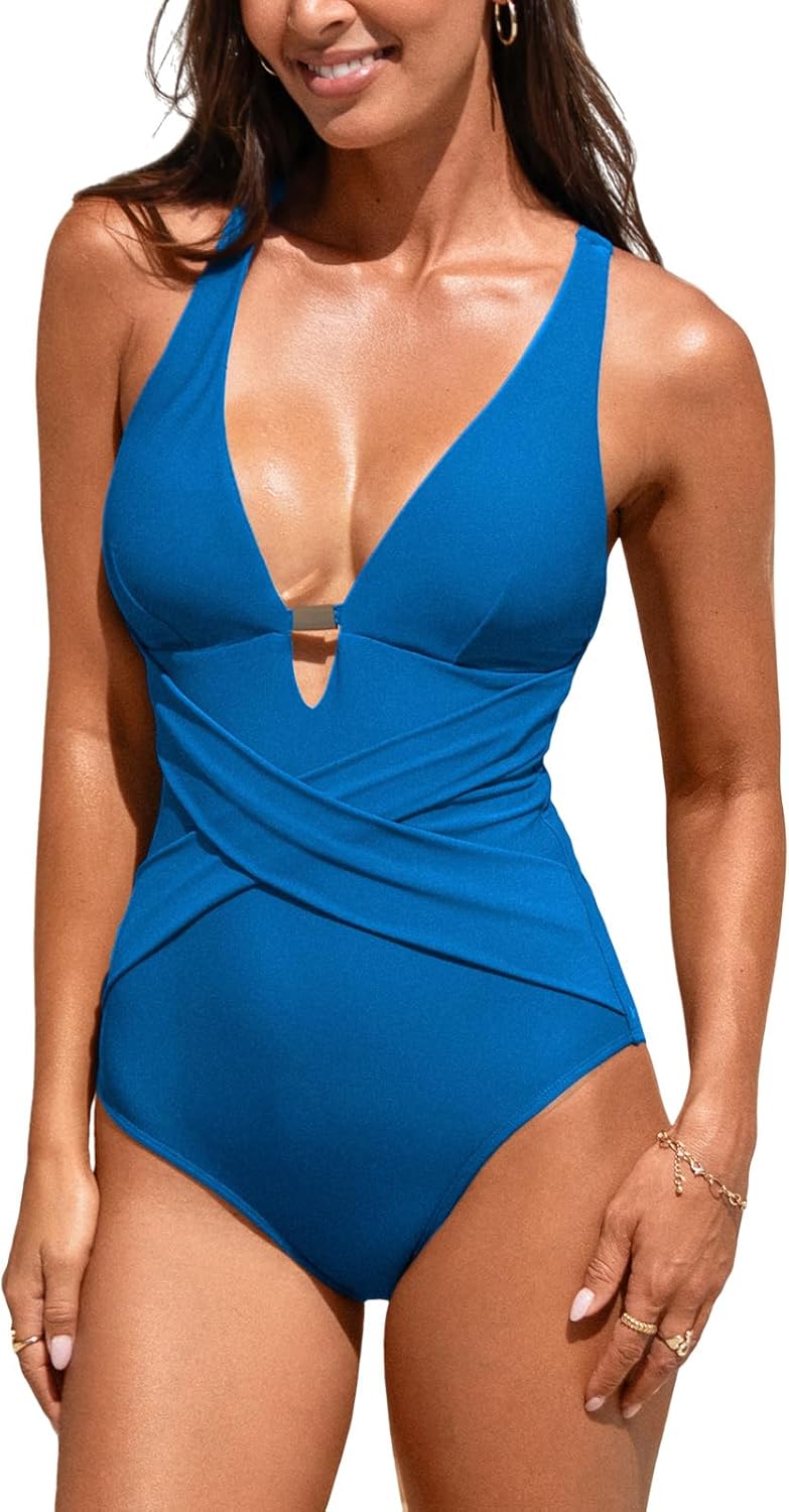 CUPSHE Women's One Piece Swimsuit Deep V Neck Bathing Suit Crossback Self Tie Wrap Front Swimwear