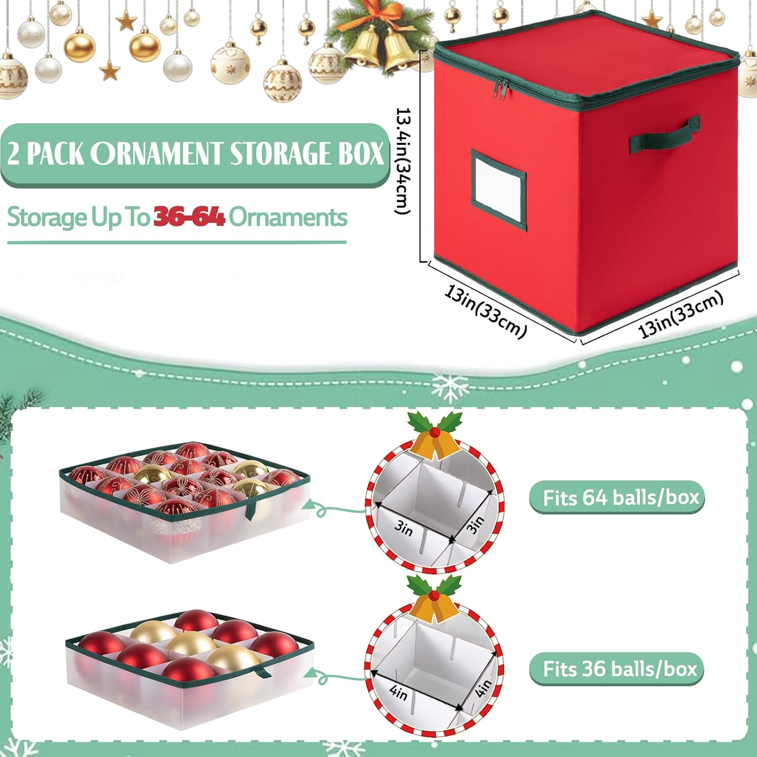 OIAHOMY 2 Pack Ornament Storage Box with Handle, Each Ornament Storage Holds 64 Balls, Christmas Decoration Box Include Plastic Trays and Zip-Lock Lid, Made of 600D Oxford Fabric - Red - Image 3