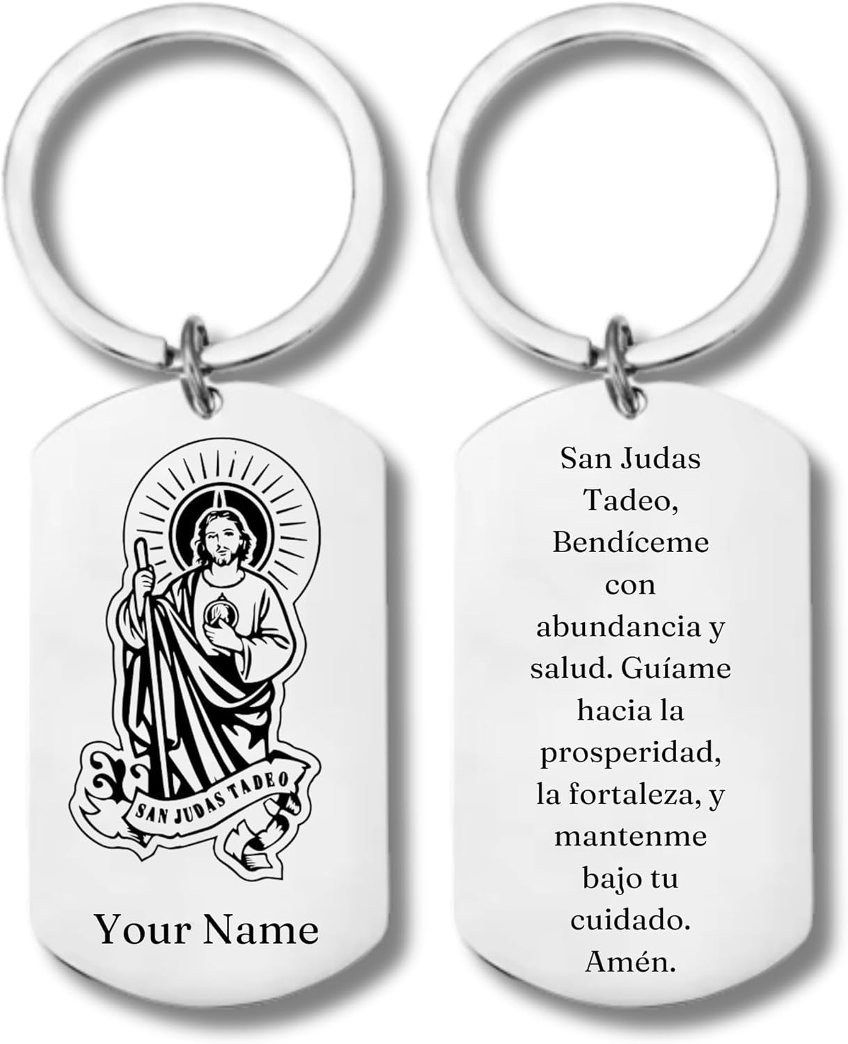 Stainless Steel Rectangular Keychain, San Judas Tadeo para la Abundancia, Personalized Engraving Included