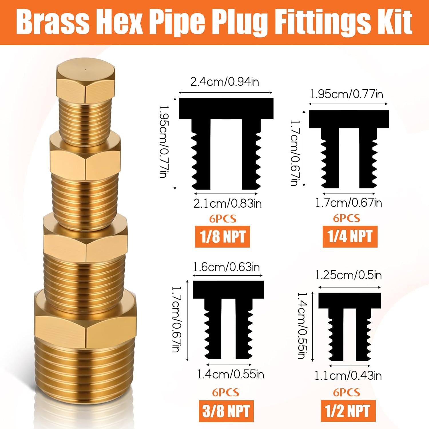 24 PCS Brass Plugs Fitting Brass Hex Pipe Plug Fittings Kits 1/8" 1/4" 3/8" 1/2" NTP Plug Male Threaded