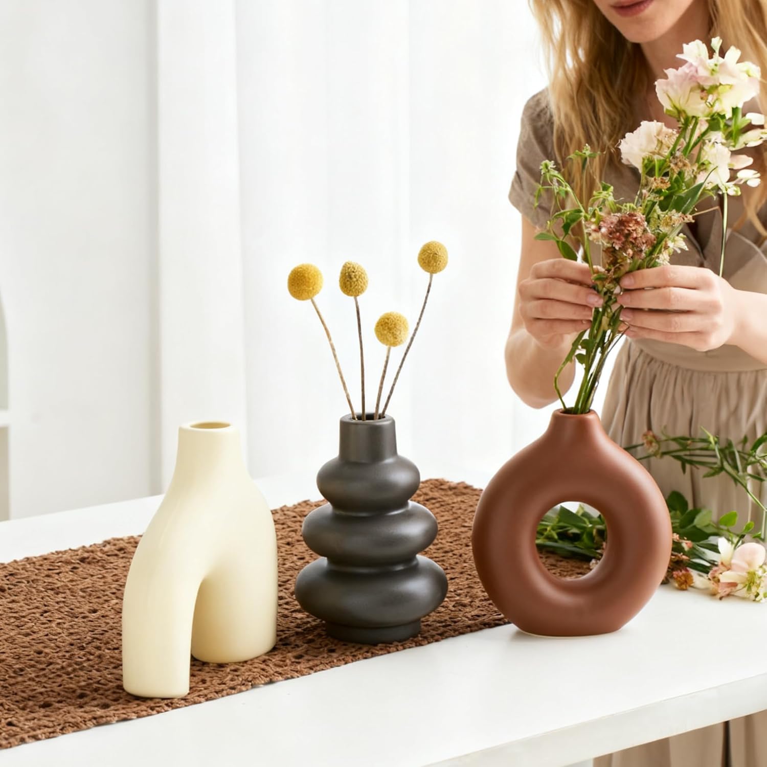 Modern Ceramic Decorative Vase Set of 3 – Minimalist Sculptural Vases for Living Room, Shelf & Table Decor, Nordic Donut Vase Set for Contemporary Home Decor (Cream Matte and Brown)