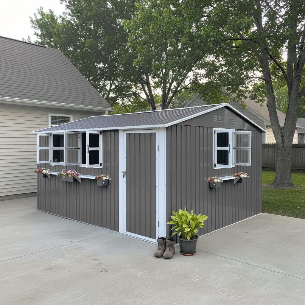 Metallgerätehaus 359 x 284 cm, 10,21 m², Gartenschuppen mit 3 Fenstern, Blumenregal, abschließbaren Doppeltüren, wetterfest, für Fahrräder und Gartengeräte, Grau