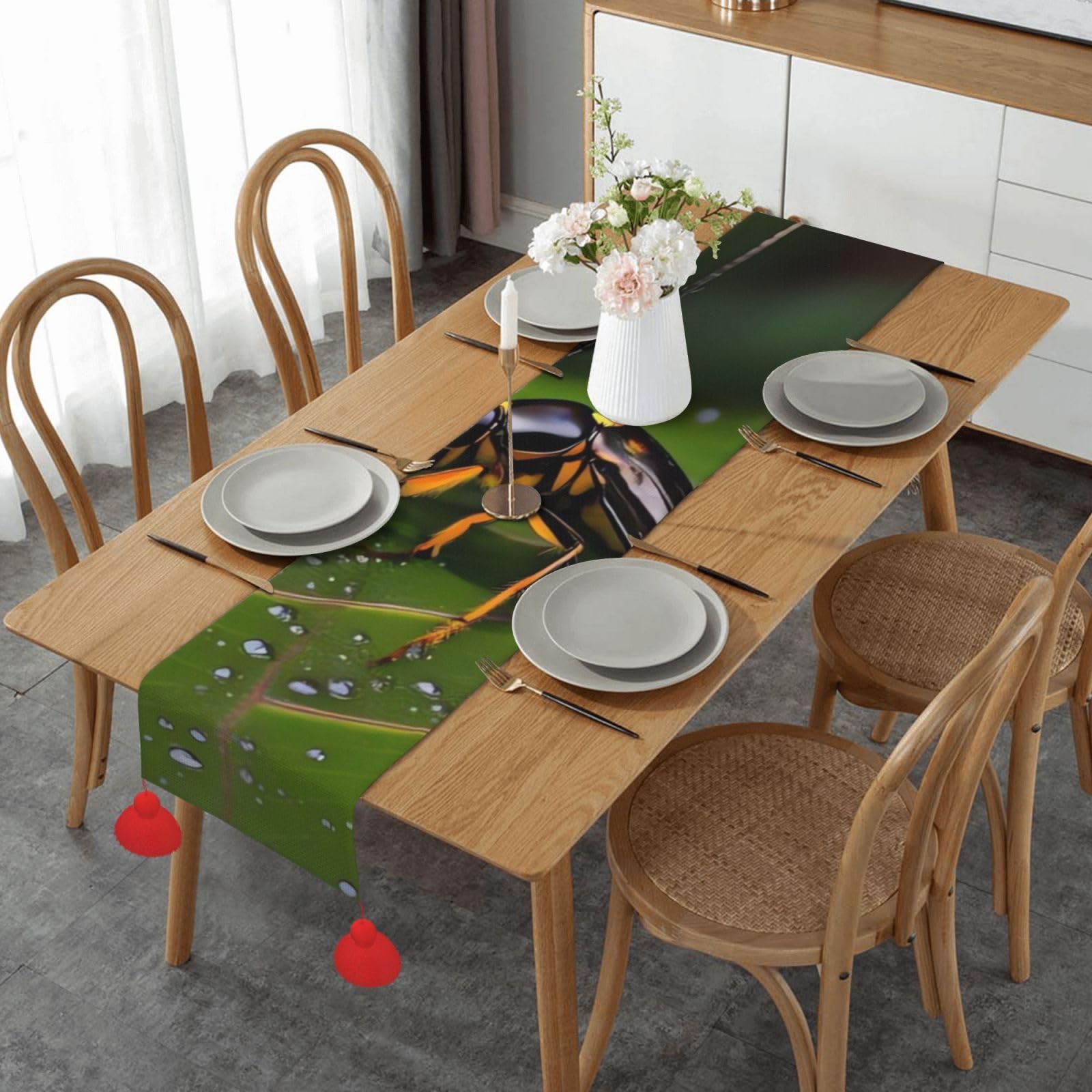 Chemin de table en lin tissé d'automne à imprimé insectes pour mariage 35x152 cm