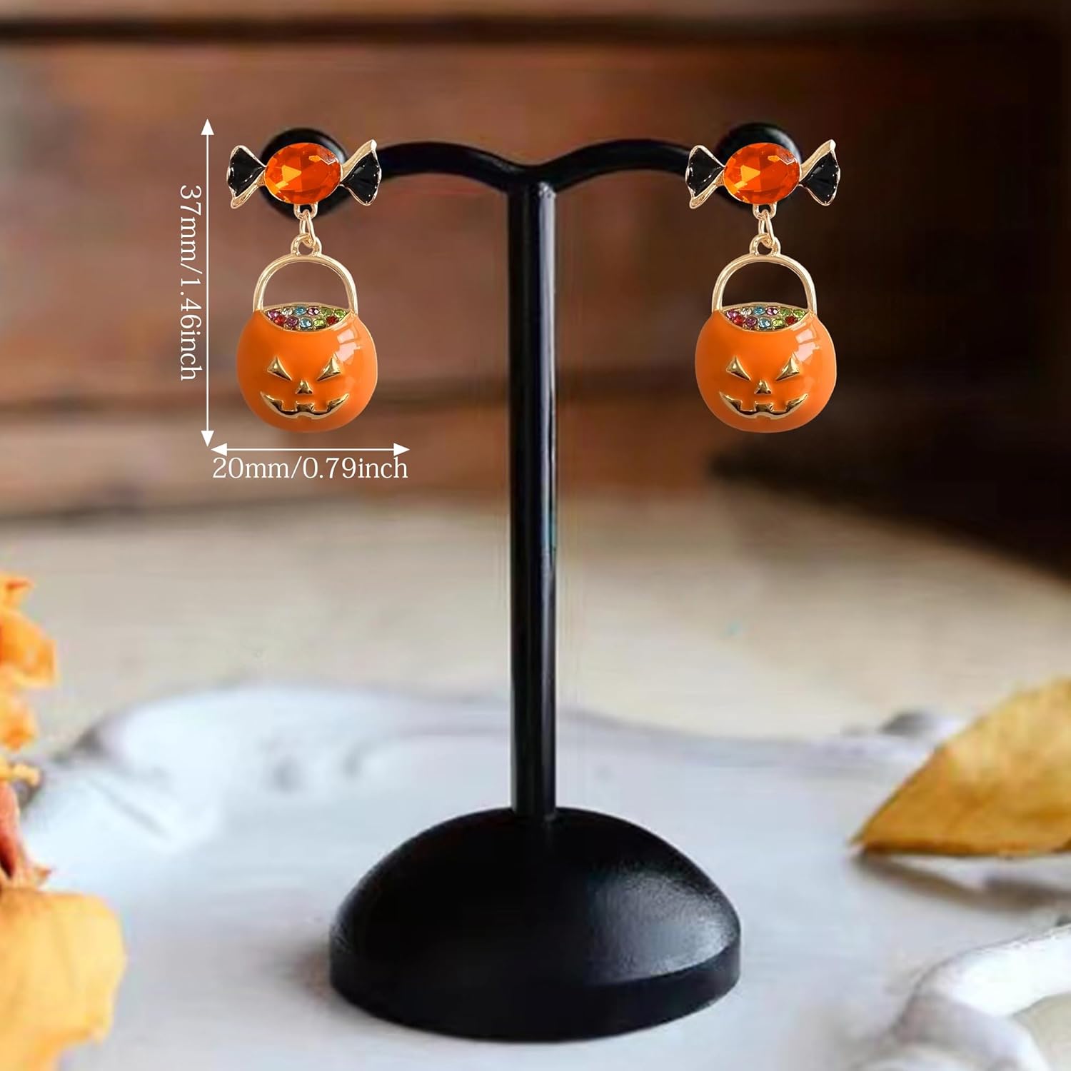 Cute Creative 14k Gold Orange Enamel Pumpkin Dangle Drop Earrings Sparkly Crystal Alloy Candy Stud Earring for Women - Image 5