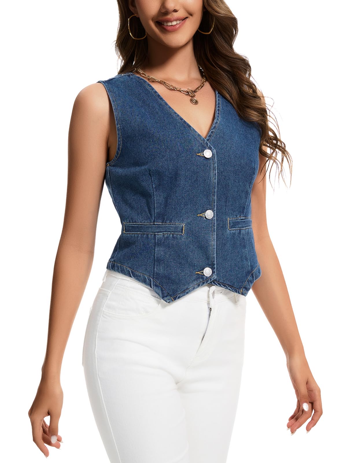 J.Corrine Damen Denim Weste Top Casual V-Ausschnitt Knopflei
