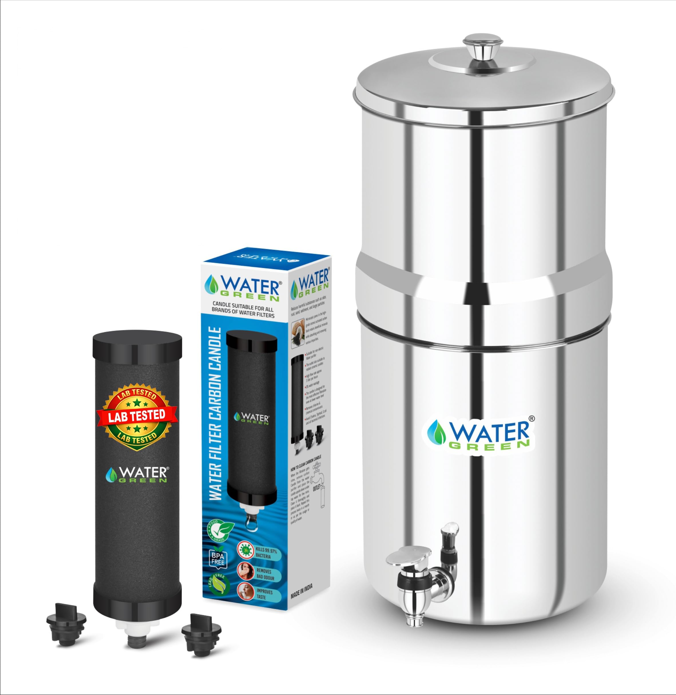 Stainless Steel Jointless Gravity Water Filter With Carbon Candle I Non Electric Water Purifier Filter For Home I Silver Impreganted Carbon Candle I Fast Filtration (24 Ltr)-image-1