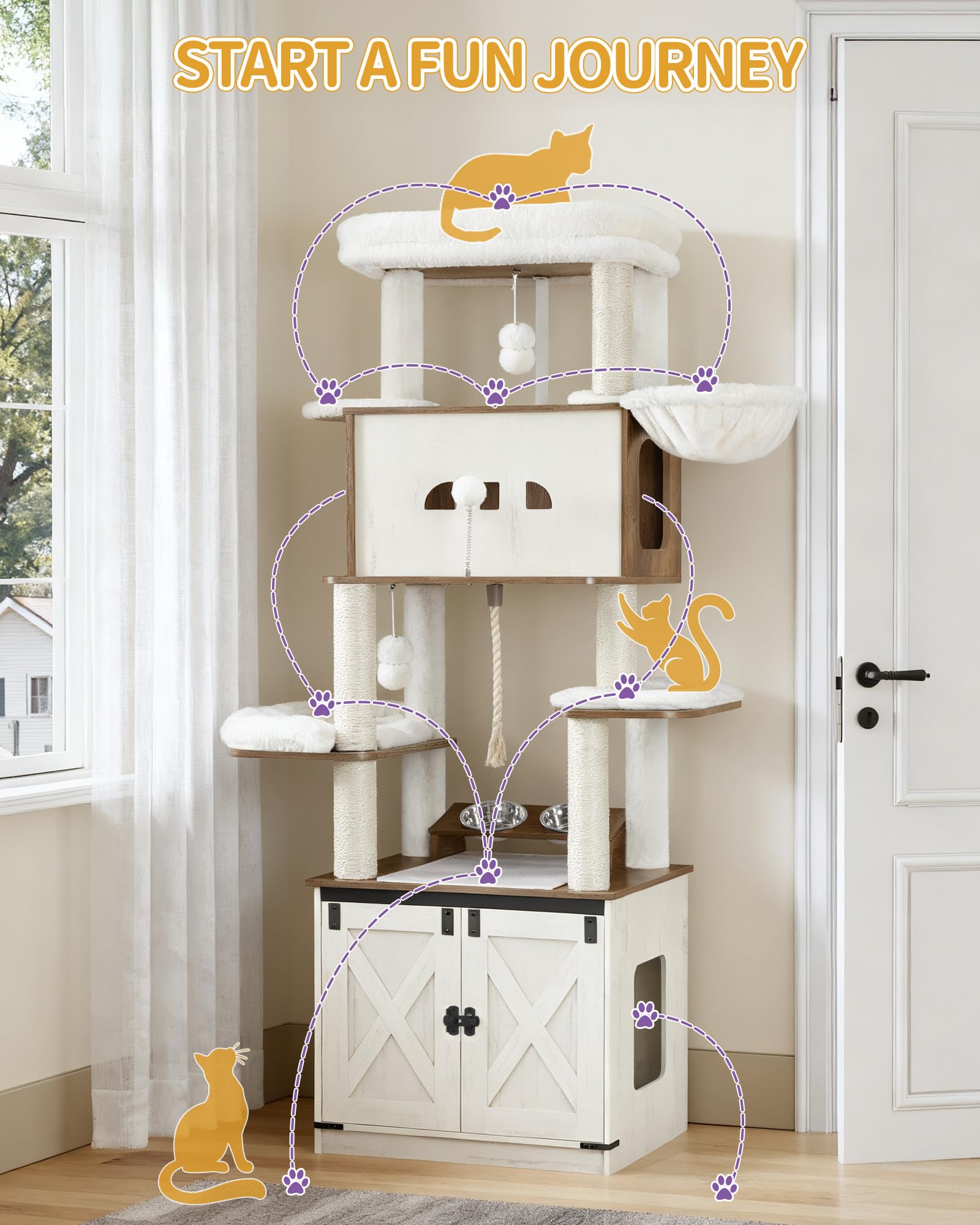 Hzuaneri 173 cm Árbol para Gatos, Blanco y Marrón, Casa para Gatos | con Mueble para Bandeja Higiénica, Soporte para Comedero Elevado, Cuerda de Sisal, Hamaca y Cojín Lavable, CB89014WT