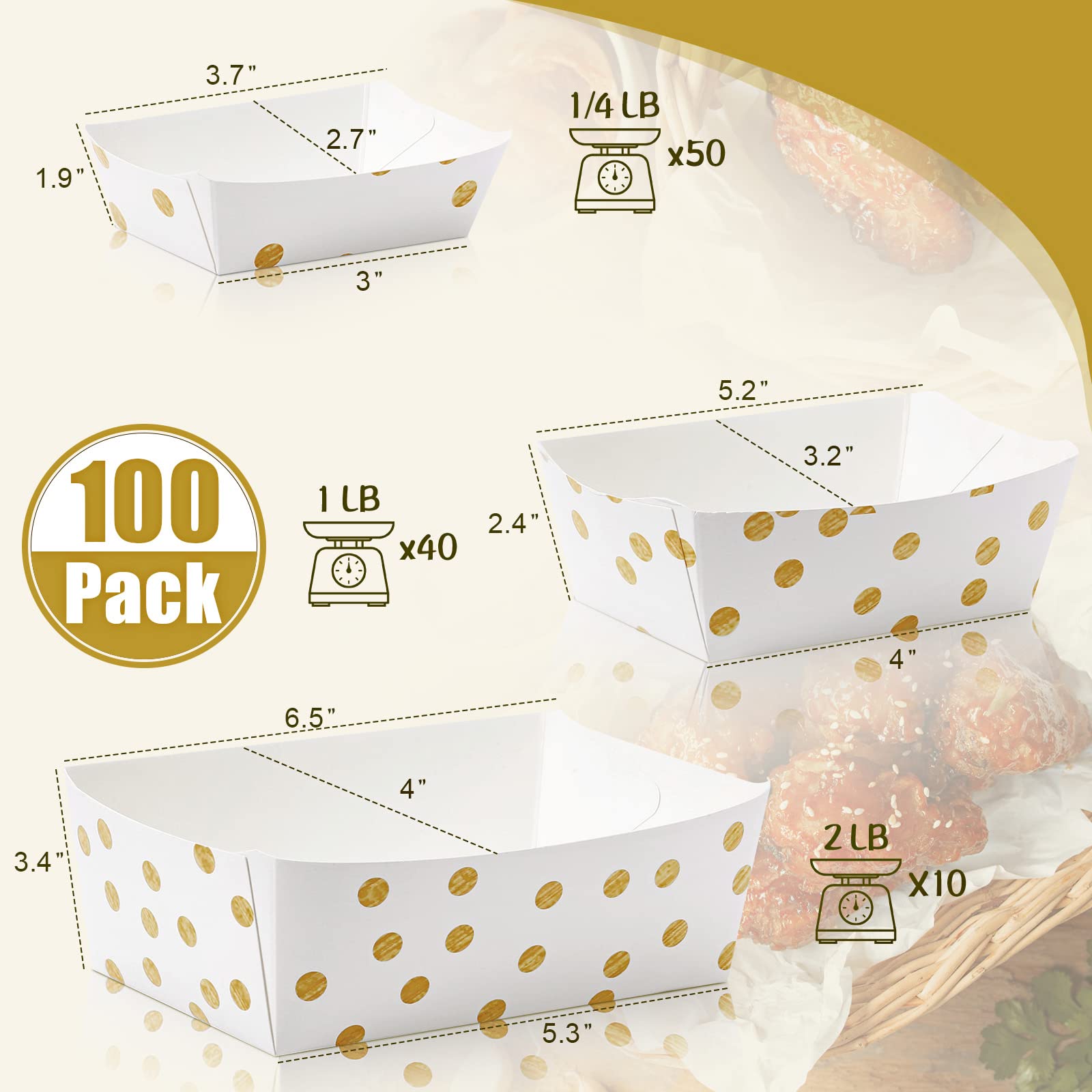 Sawysine 100 Pcs 2lb 1lb 1/4 lb Paper Food Trays Disposable Grease Resistant Food Boats Polka Dots Grease-Proof Sturdy Paper Trays for Food Classy Paper Food Trays for Party Picnic Carnival Fair