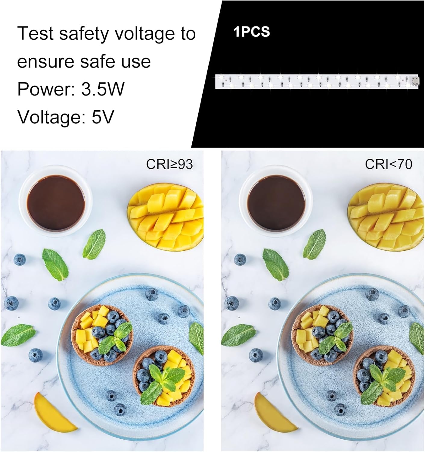 Image comparing color rendering index (CRI) of 93 versus less than 70, showing improved color accuracy with higher CRI