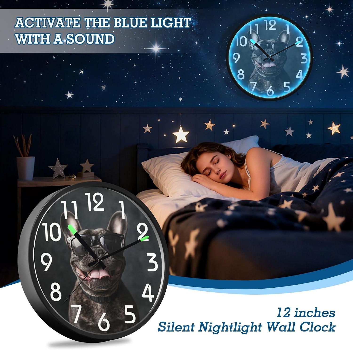 12 Inch LED Nightlight Up Round Wall Clock,Happy Black French Bulldog in Sunglasses Sound Control Battery Operated Large Clock Glow in Dark for Home/Kitchen/Bedroom/Cafe/Office image 2