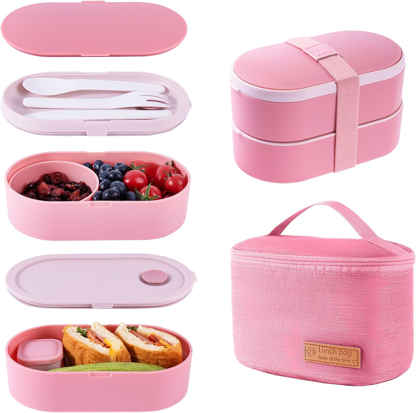 Bento Lunch Box Set -2 Stackable Adult And Women's Lunch Boxes - Including Lunch Bag, Leak Proof And Bisphenol Free A - Built-In Cutlery Set - Dishwasher Safe (Pink)