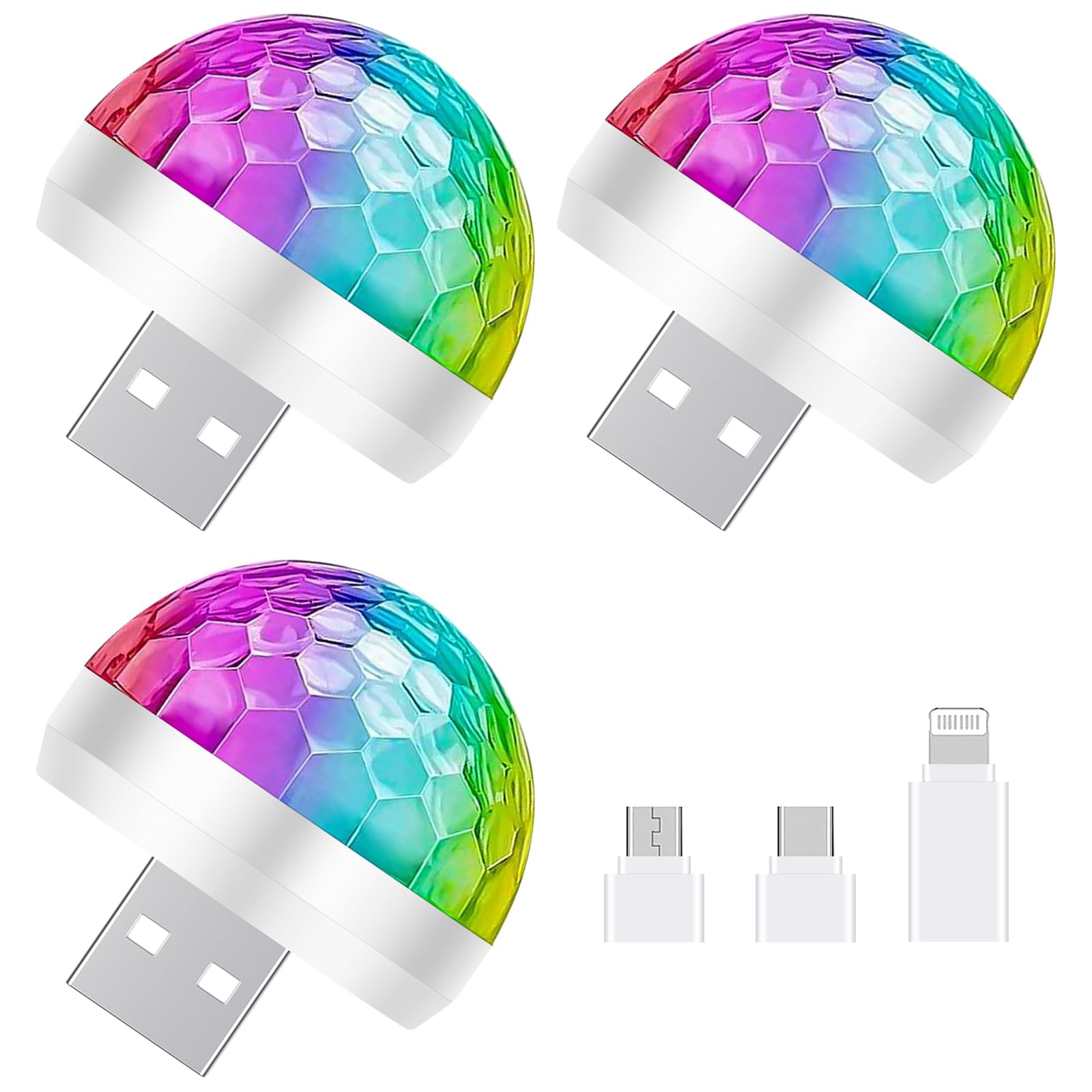 URAQT USB Lights Disco, Mini Disco Ball Lights, 4 kolorowe samochodowe lampki nastrojowe LED, Przenośne Mini Disco Lights RGB z 3 adapterami, Nadaje się na imprezę, klub, urodziny, karaoke (Biały)