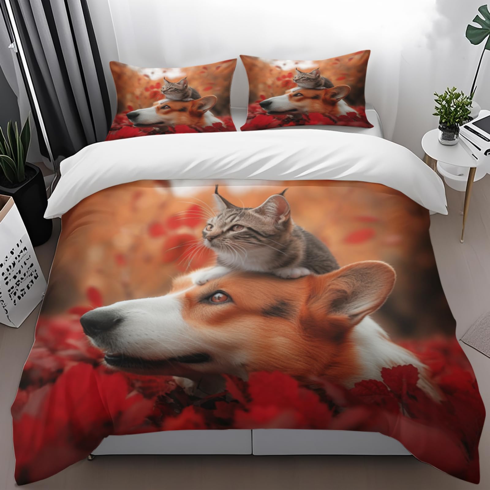 Housse de couette 150x200 imprimé animal orange avec 2 taies d'oreiller en microfibre douce