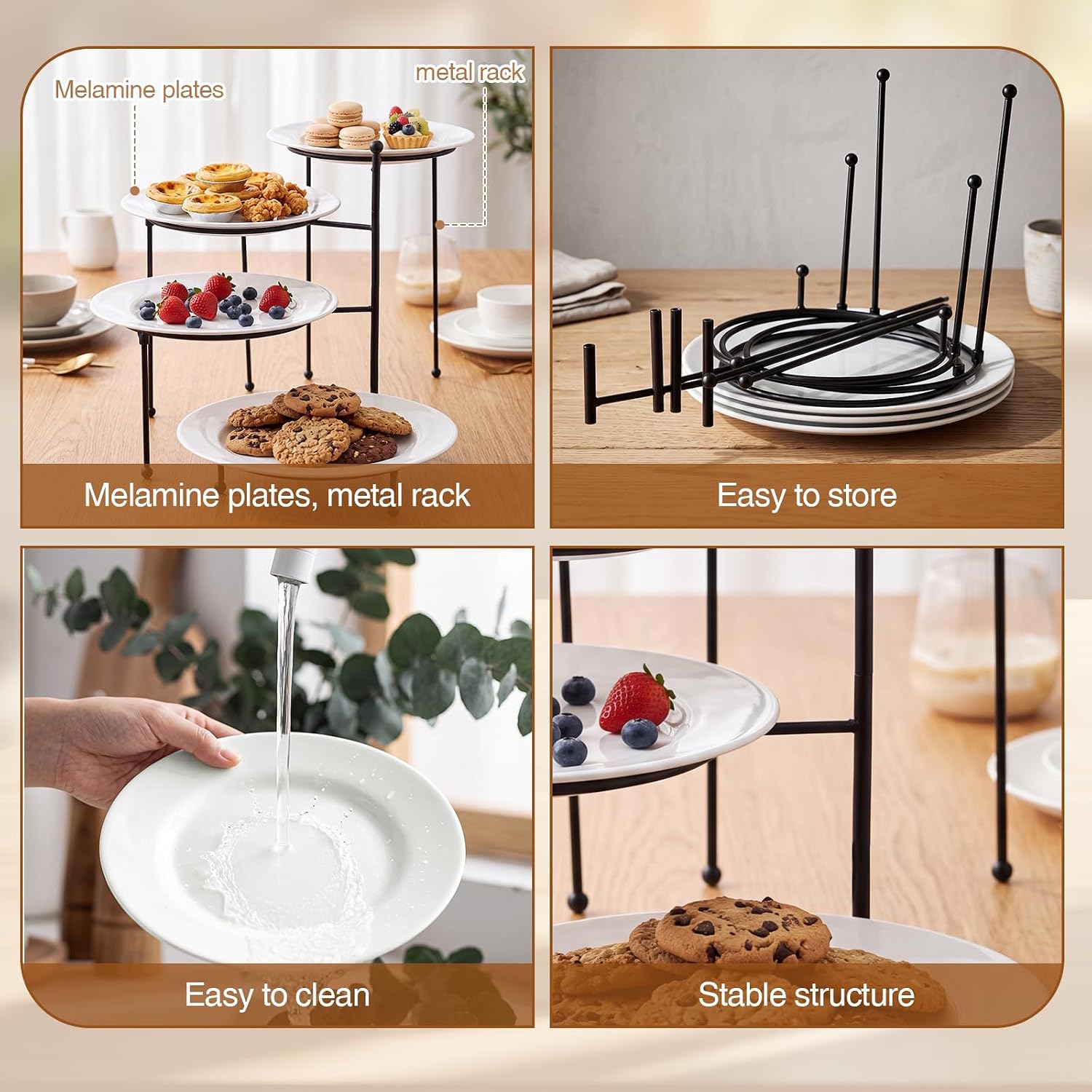 4 Tiered Serving Stand with 4 White Porcelain Plates 10 Inch Round Trays Black Metal Dessert Stand Rotating Serving Tray Display for Parties, Wedding, Baby Shower, Buffet Entertaining