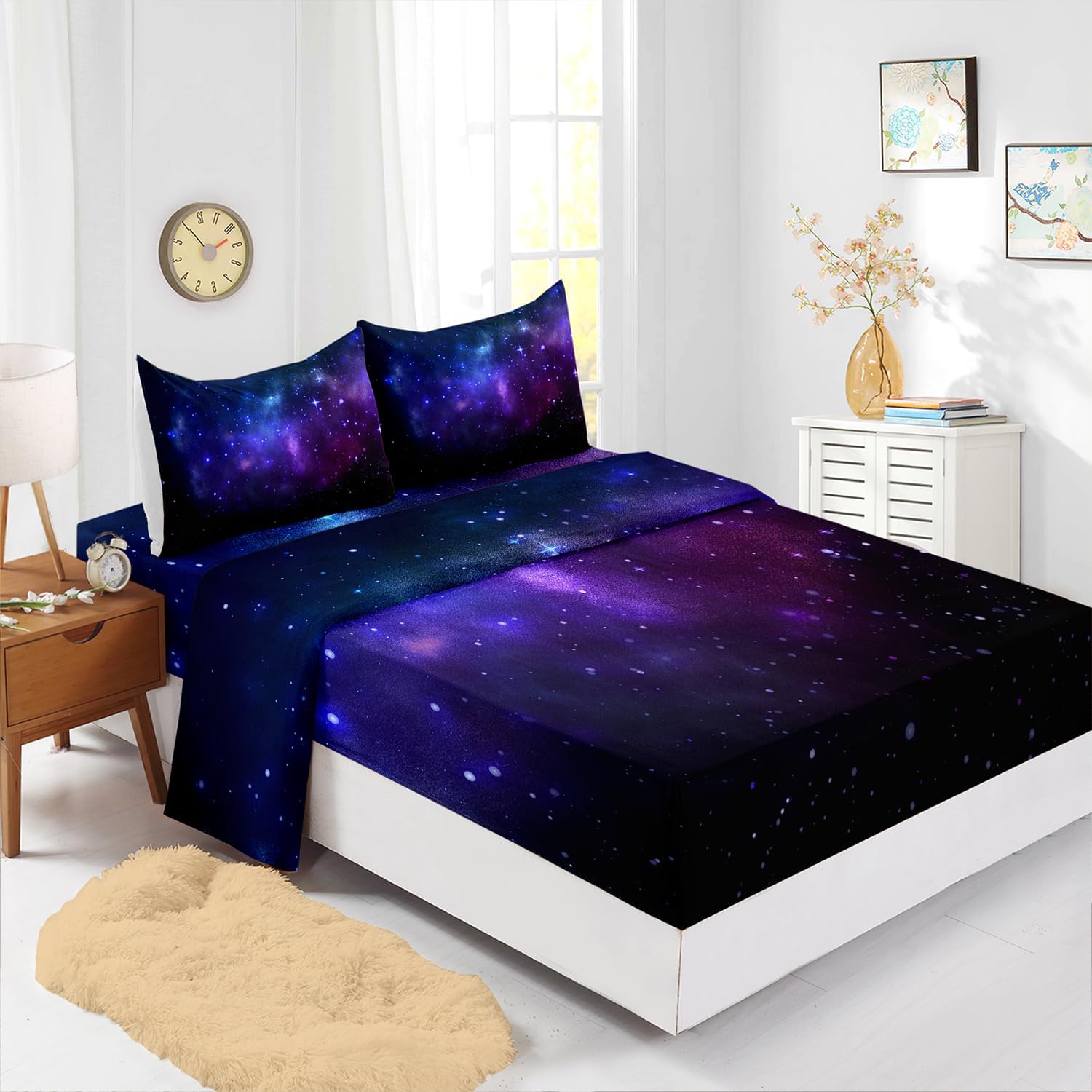 Blue Galaxy Fitted Sheet Set Queen 4Pcs Universe Outer Space Starry Sky Bedding Set for Kids Girls Psychedelic Space Night Pattern Quilt Bed Sheet Set + Flat Sheet + 2 Pillow Cases