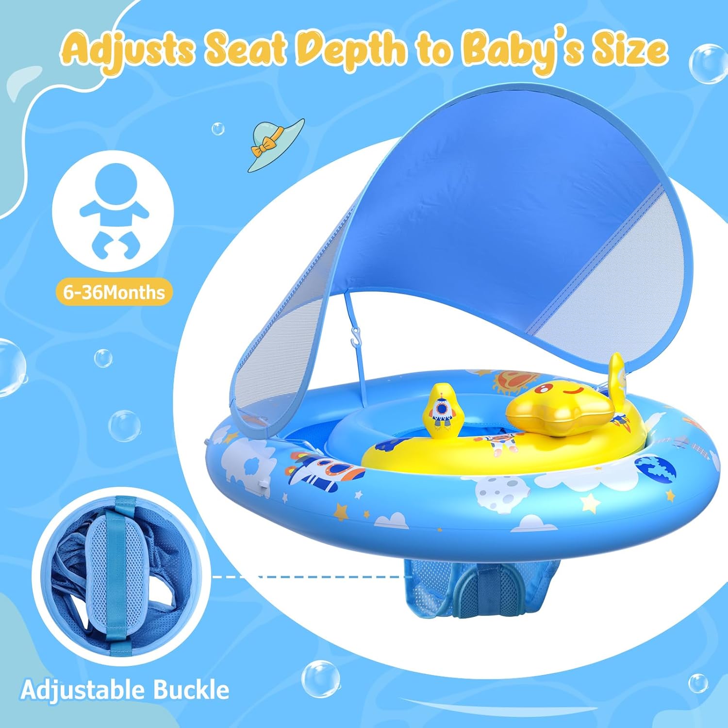 WayEee Baby Pool Float with UPF50+ Canopy - Inflatable Swim Float, Adjustable Safety Seat, Toy Play Console, Sun Protection for Baby 6-36 Months, Infant, Todder Summer Gift, Pool, Bathtub, Beach