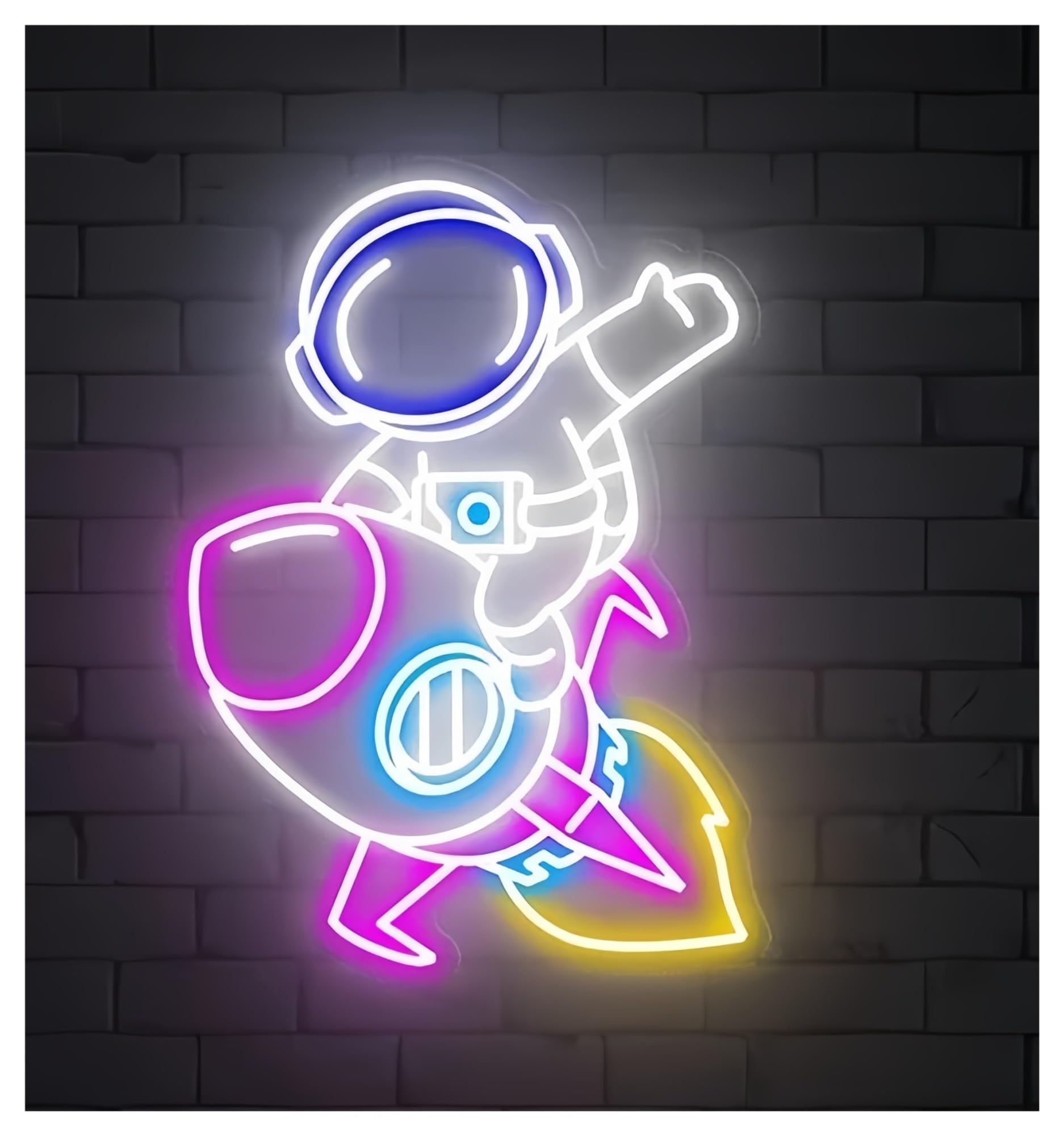 Shouxi E Sign Lamp Cut Astronaut Riding Rocket Neon Sign For Kids Room Bedroom Wall Art Decor 60Cm(E)
