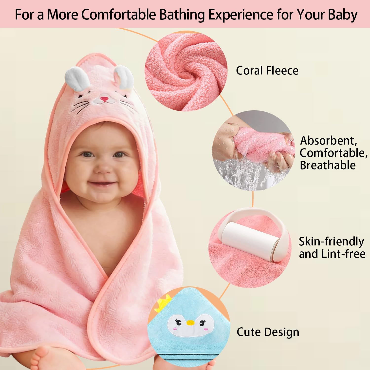Hooded Baby Towel Set, 32x32 Inch Absorbent Bath Towels, 4 PCS Soft Hooded Towels, Perfect for Newborns, Toddlers, Babies, Essential Baby Bath Accessories (Pink + Blue + White + Yellow)