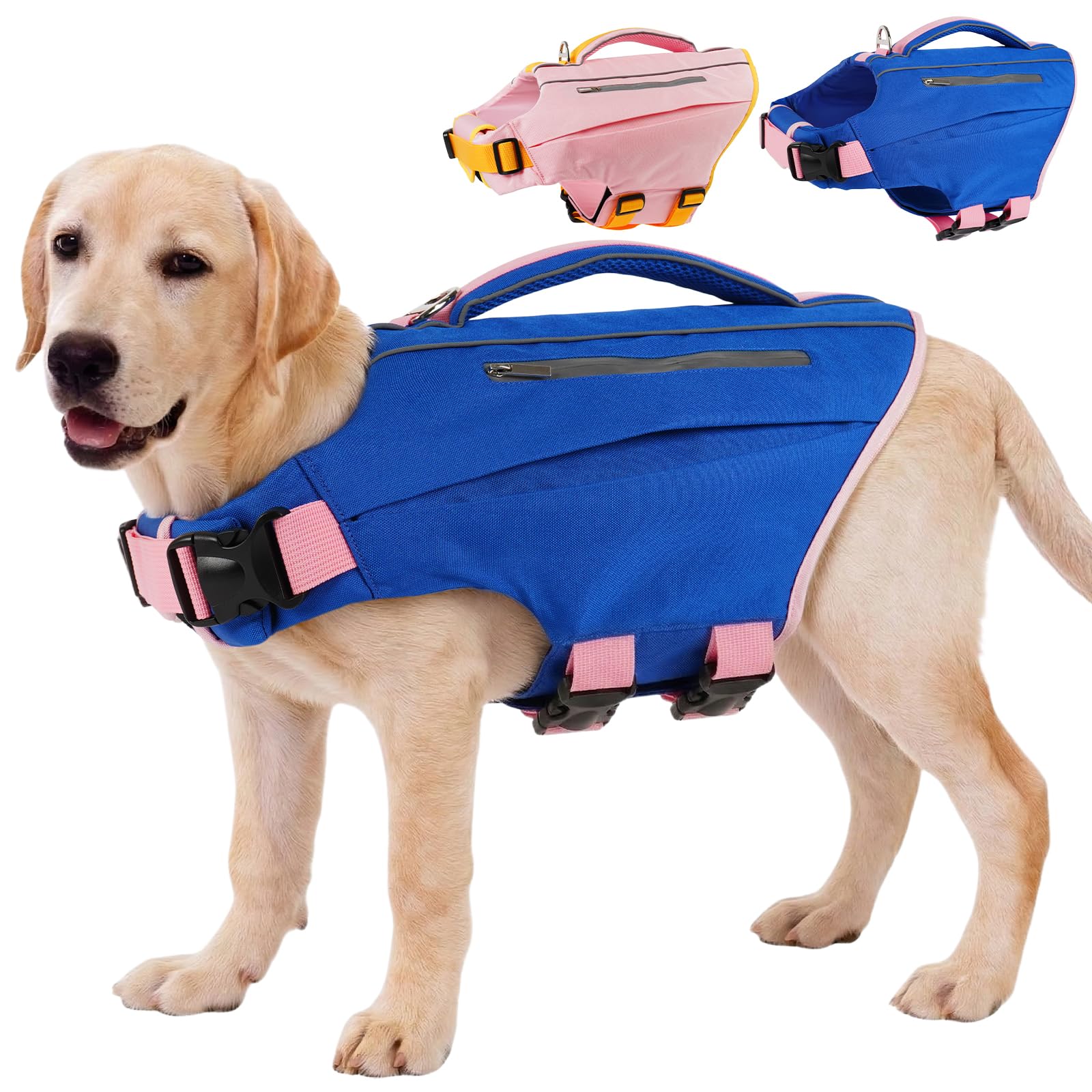 Kuoser Dog Life Jackets, Adjustable Dog Floats Coat, Puppy Swim Vest with Handle for Water Activities & Paddleboarding, Blue 2XL