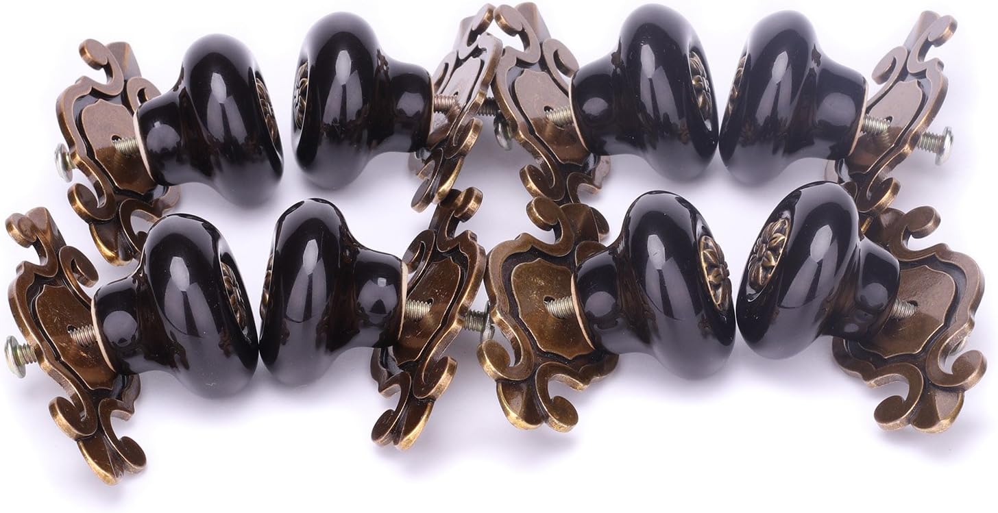 SunKni 8 Pack Vintage Ceramic Knobs and Pulls for Kitchen Cabinets Cupboards Antique Knobs for Dresser Drawers Furniture Wardrobe Ceramic Door Knobs Large Round Knobs with Back Plates (Bronze-Black)