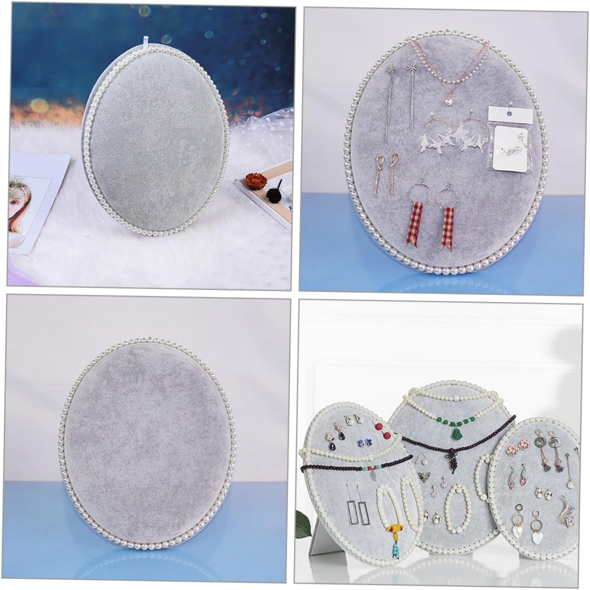 Earring Display Stand and Jewelry Organizer Rack, Large Oval Ice Gray Velvet Panel with Wall Mount, Multi-tiered Earring Holder for Home Storage and Display