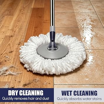 MASTERTOP Spin Mop and Bucket Set - Foot Pedal Wringing - 360° Rotating Head - Telescopic Stainless Steel Handle - 3 Reusable Microfibre Pads for Hardwood Laminate Tile Vinyl Floors