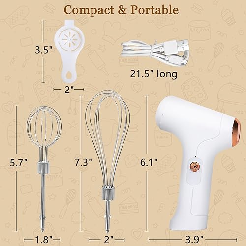 Miniatura 6 de Batidora de mano inalámbrica, batidor eléctrico de mano con 3 modos de velocidad, batidor de huevos de mano con 2 batidores desmontables (blanco)