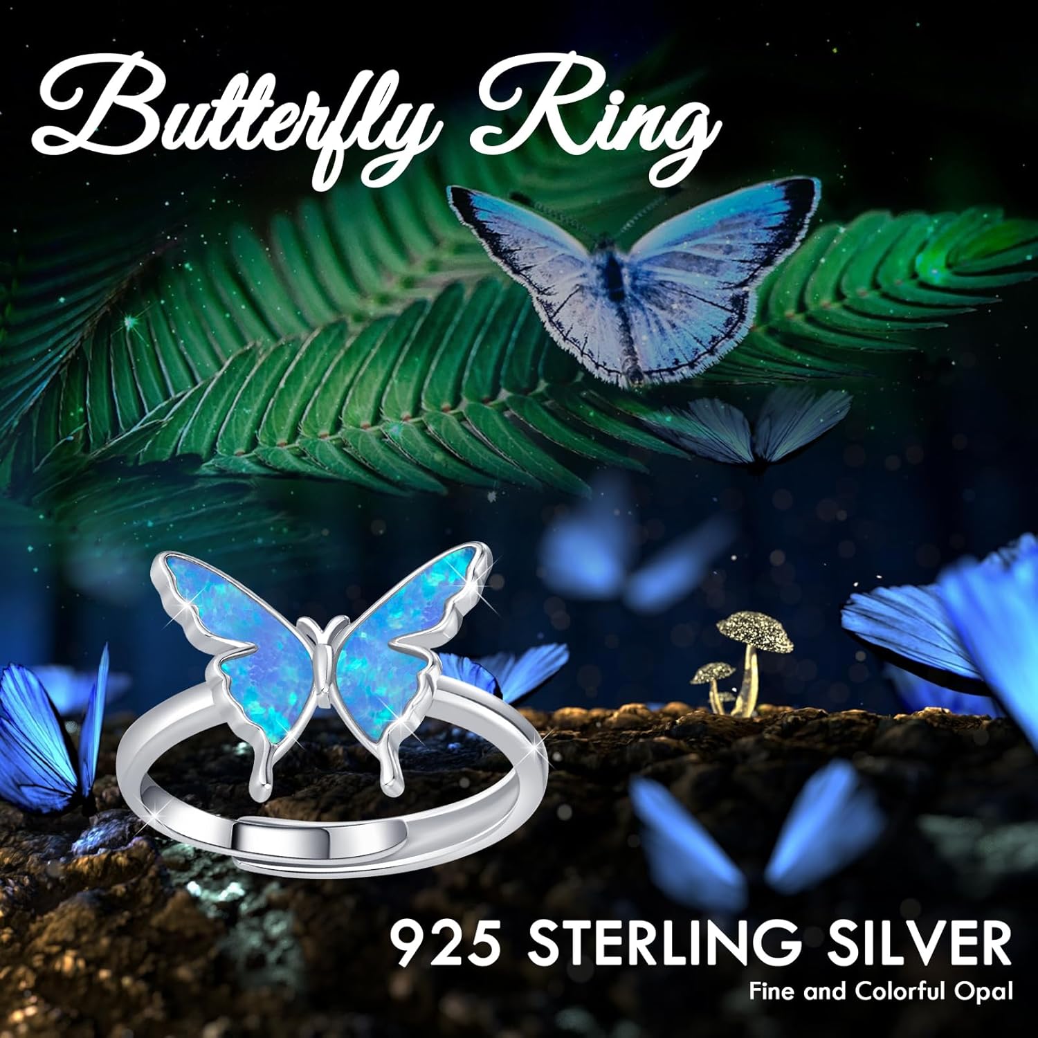 CUOKA MIRACLE Sterling Silver Opal Butterfly Open Adjustable Ring - Exquisite Cute Jewelry Rings for Women's Anniversary or Birthday Gifts