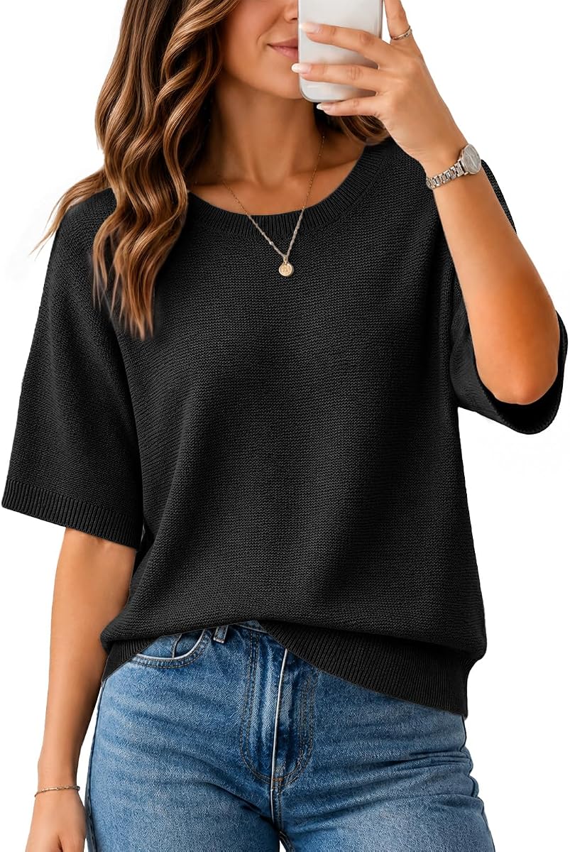 HomRain Jersey informal con manga de murciélago y cuello barco para mujer | Tops de manga corta para mujer para trabajo informal, trajes de oficina relajados, ropa de moda para uso diario 2026