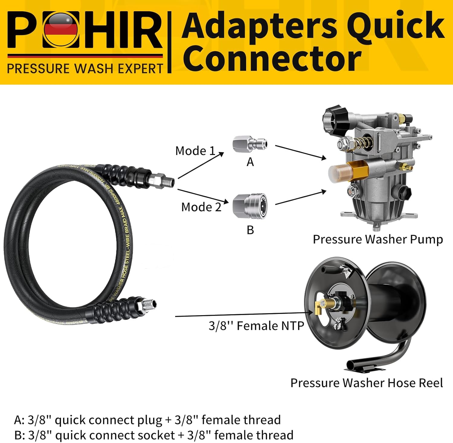 POHIR 4FT Pressure Washer Whip Hose 4800psi 3/8'' Steel Wire Braided with 3/8'' Quick Connect Plug, Reel Connector Jumper Hose for Pressure Washing (4800PSI, 4FT)
