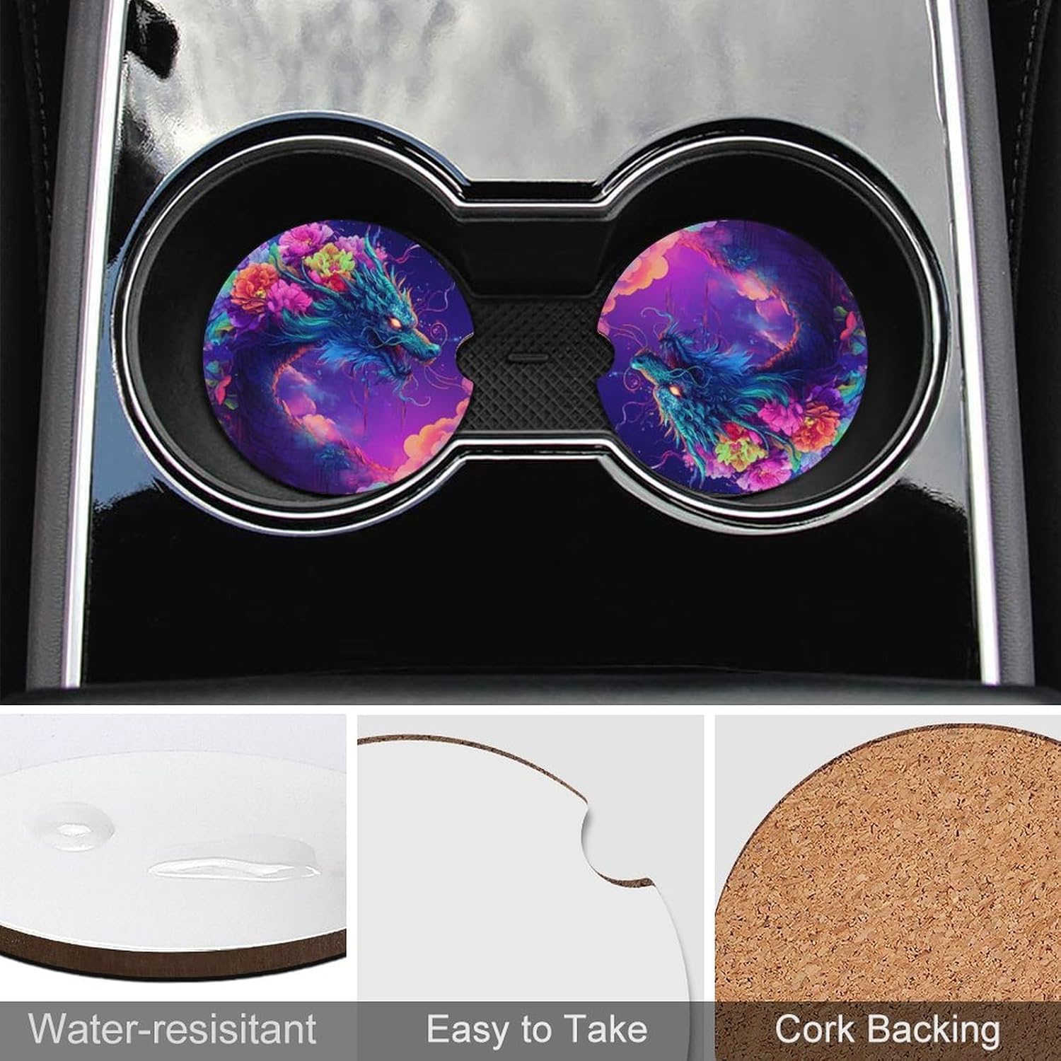 Dragon with Flowers Moon Night Cute Car Coasters 2.56 Inch Absorbent Cup Holder for Drinks Auto Interior Accessories