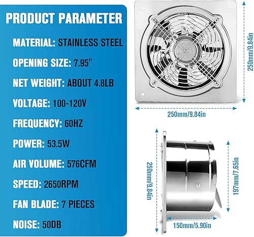 Miniatura 2 de Exhaust Fan 8 Inch, 576 CFM Ventilation Extractor Fan with Damper, Wall Mount Household Ventilation Fans, Potable Metal Attic Exhaust Fan for