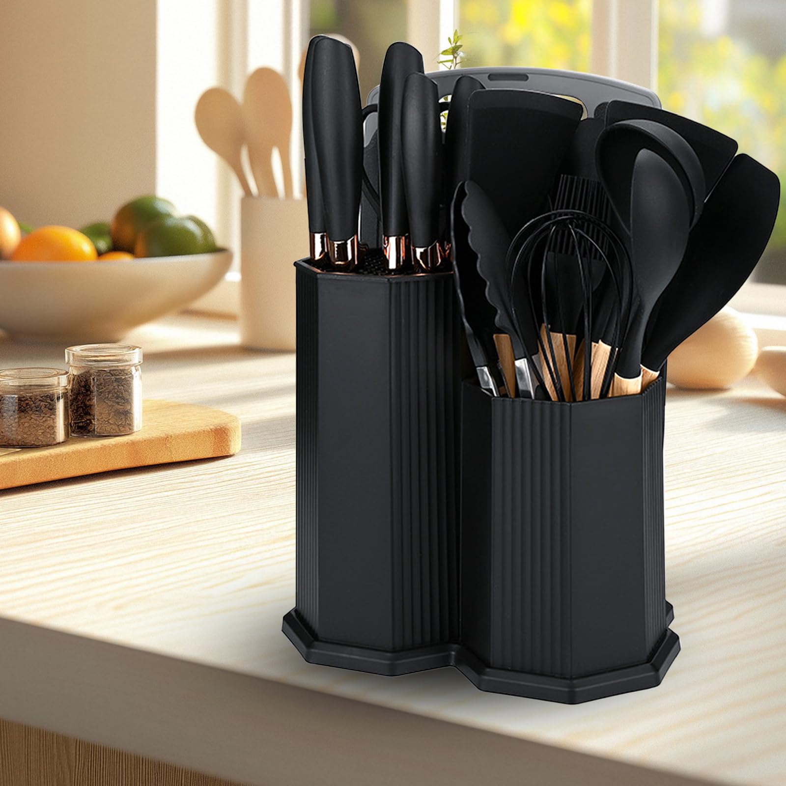 Set Utensili da Cucina 19 Pezzi Nero – Include 5 Coltelli, 1 Tagliere 13 Utensili in Silicone con Scatola di Conservazione a Forma di Diamante – Resistenti al Calore Ideale per Ogni Cucina