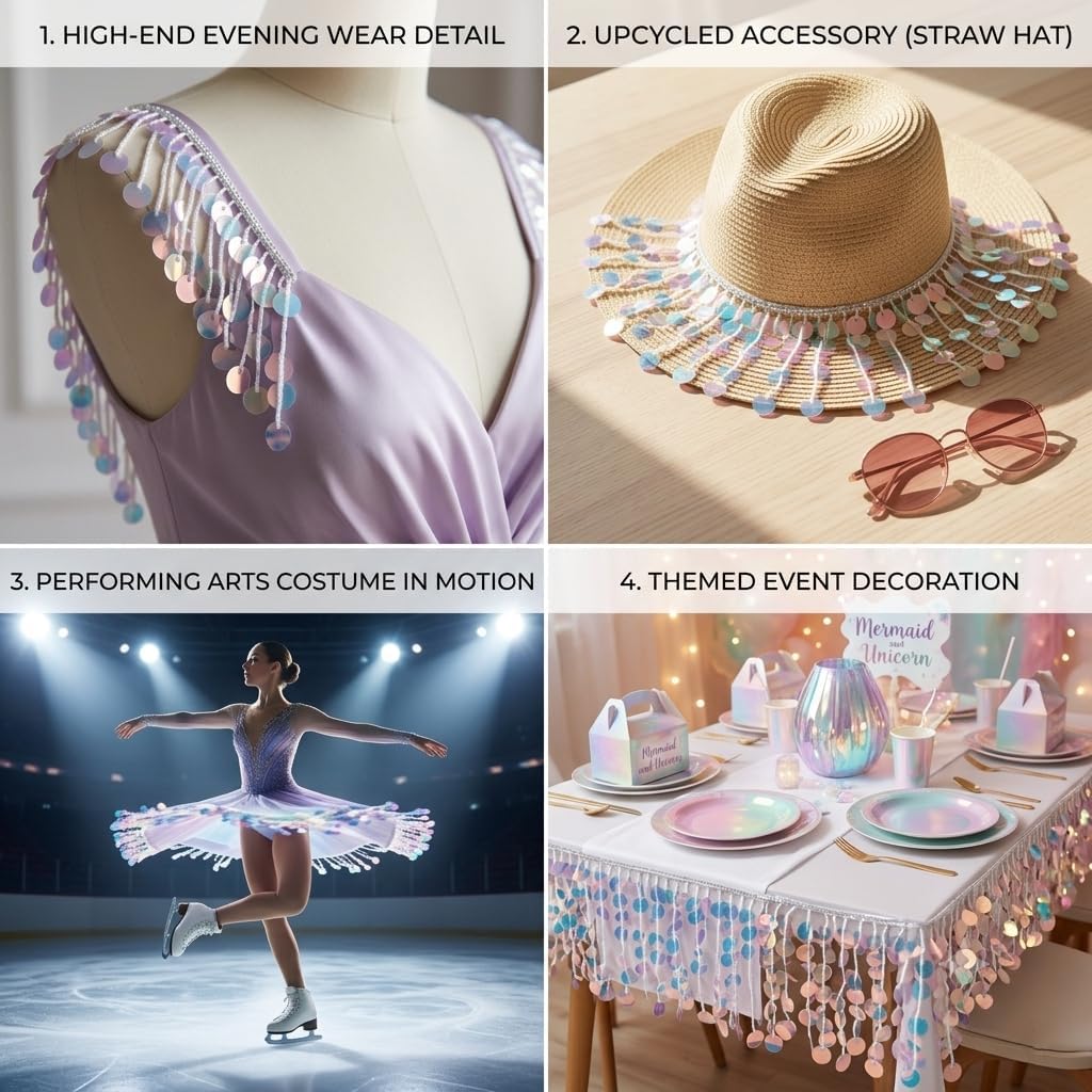 IDONGCAI 4 Inch Iridescent Sequin Fringe Trim, Holographic Paillette