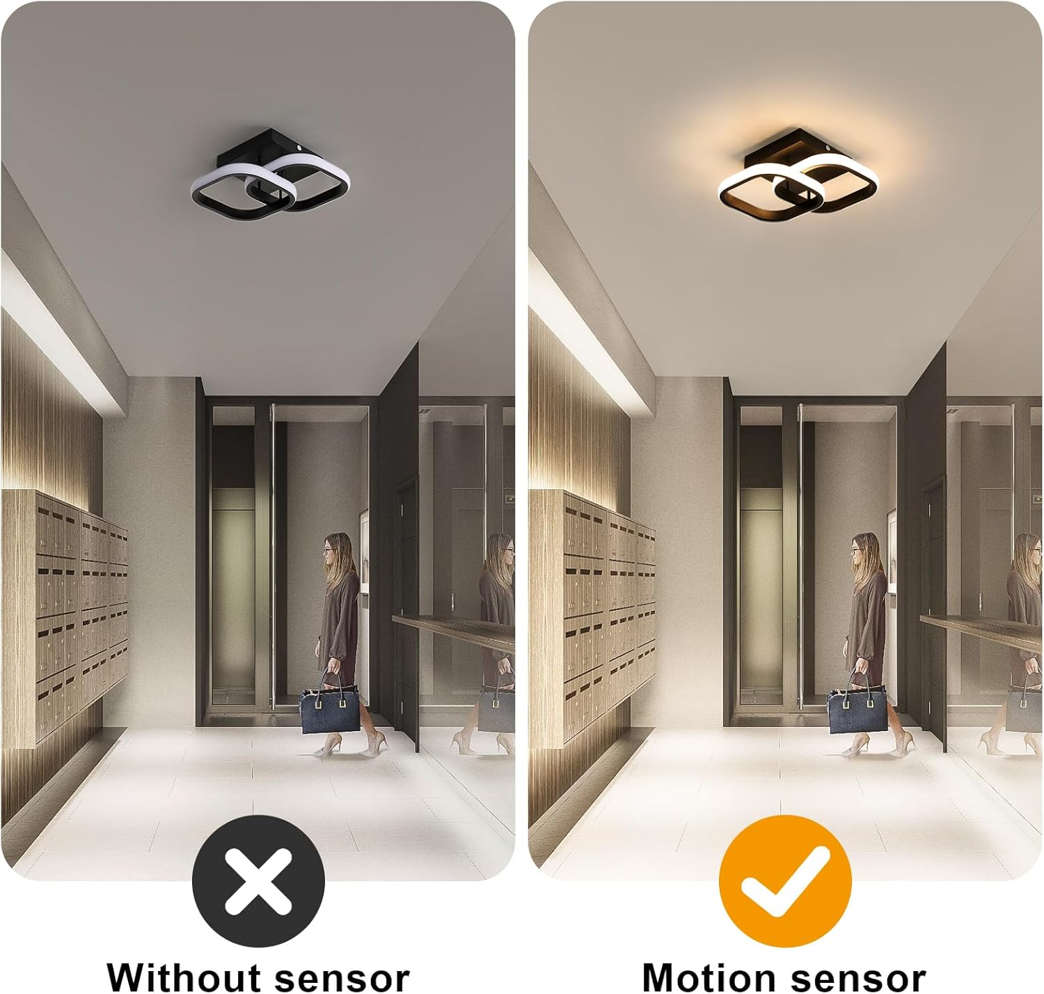 Modern LED Ceiling Light with Motion Sensor,22W Close to Ceiling Light Fixtures,Warm White 3000K Black 10 Inch Square Design Flush Mount Ceiling Light for Hallway Porch Stair Closet Basement