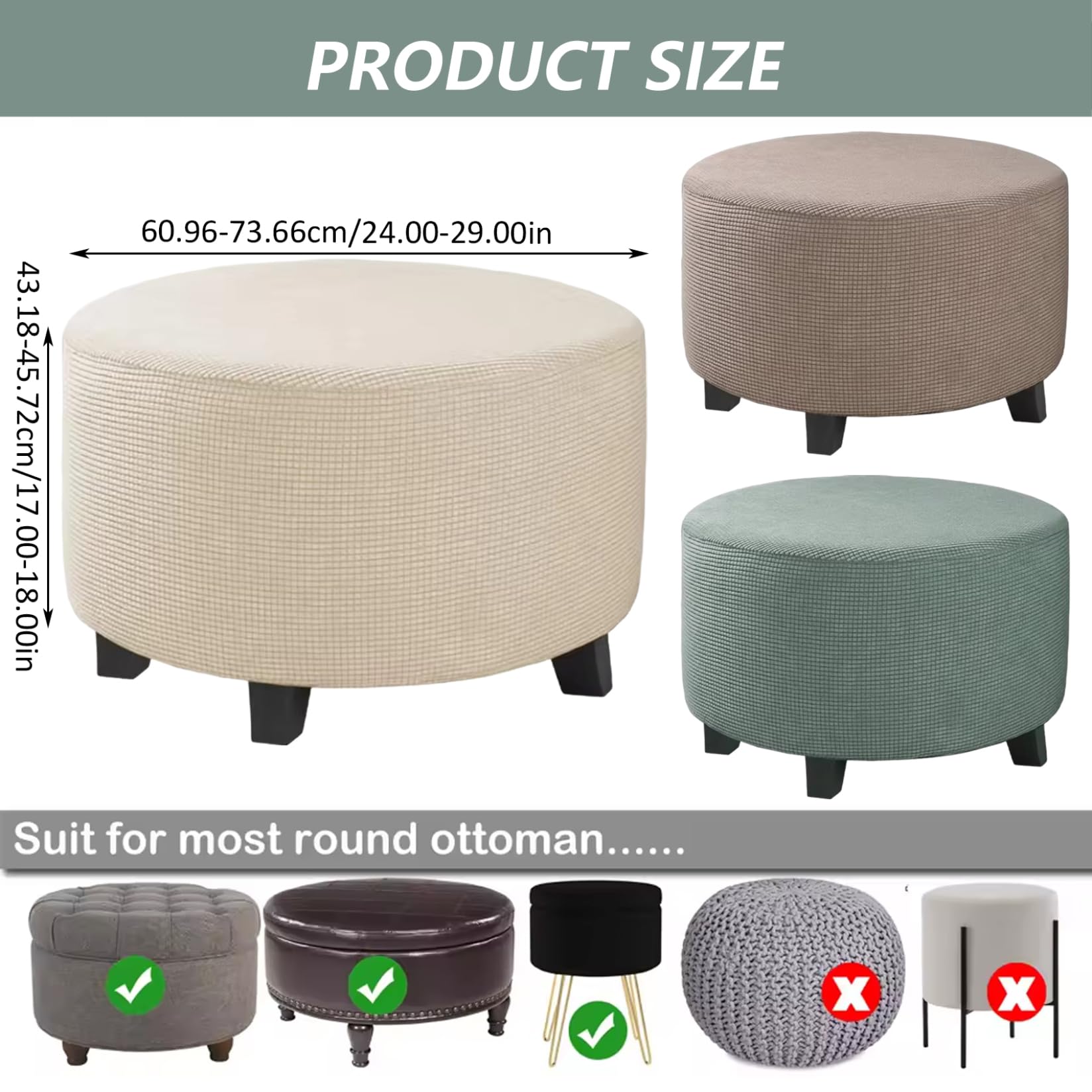 Housse de Pouf Ronde en Jacquard Extensible Housse de Pouf Pliable et Lavable avec Bord élastique Convient aux poufs 61 à 74 cm diamètre. Vert