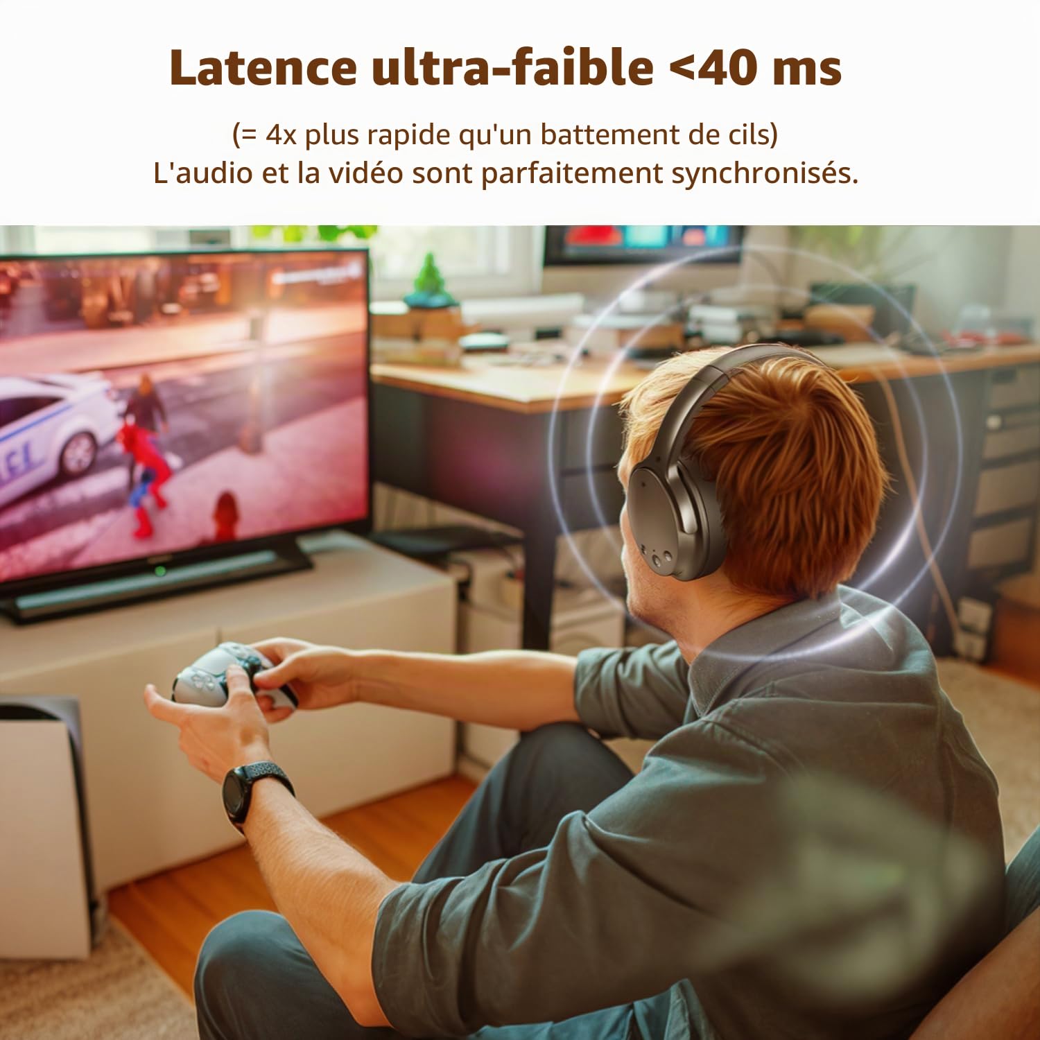 Holdsound Casque TV sans Fil avec Émetteur USB Câble Extension, Plug & Play, Son Net, Dialogues Clairs, 50m Portée sans Fil, Cuir Protéiné Mousse Mémoire, 25H d'Autonomie, pour Séniors