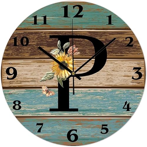 Reloj de pared con inicial de girasol negro letra P de granja, 12 pulgadas, silencioso, sin tictac, iniciales personalizadas, reloj de PVC,