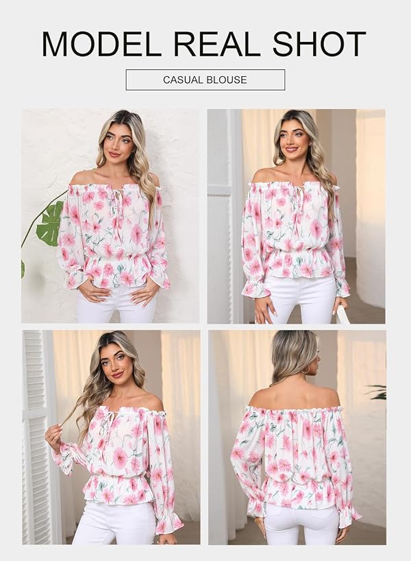 BLENCOT Womens Tops Off Shoulder 3/4 Sleeve Floral Chiffon Blouse Pink XL by BLENCOT - Used condition - Image 5
