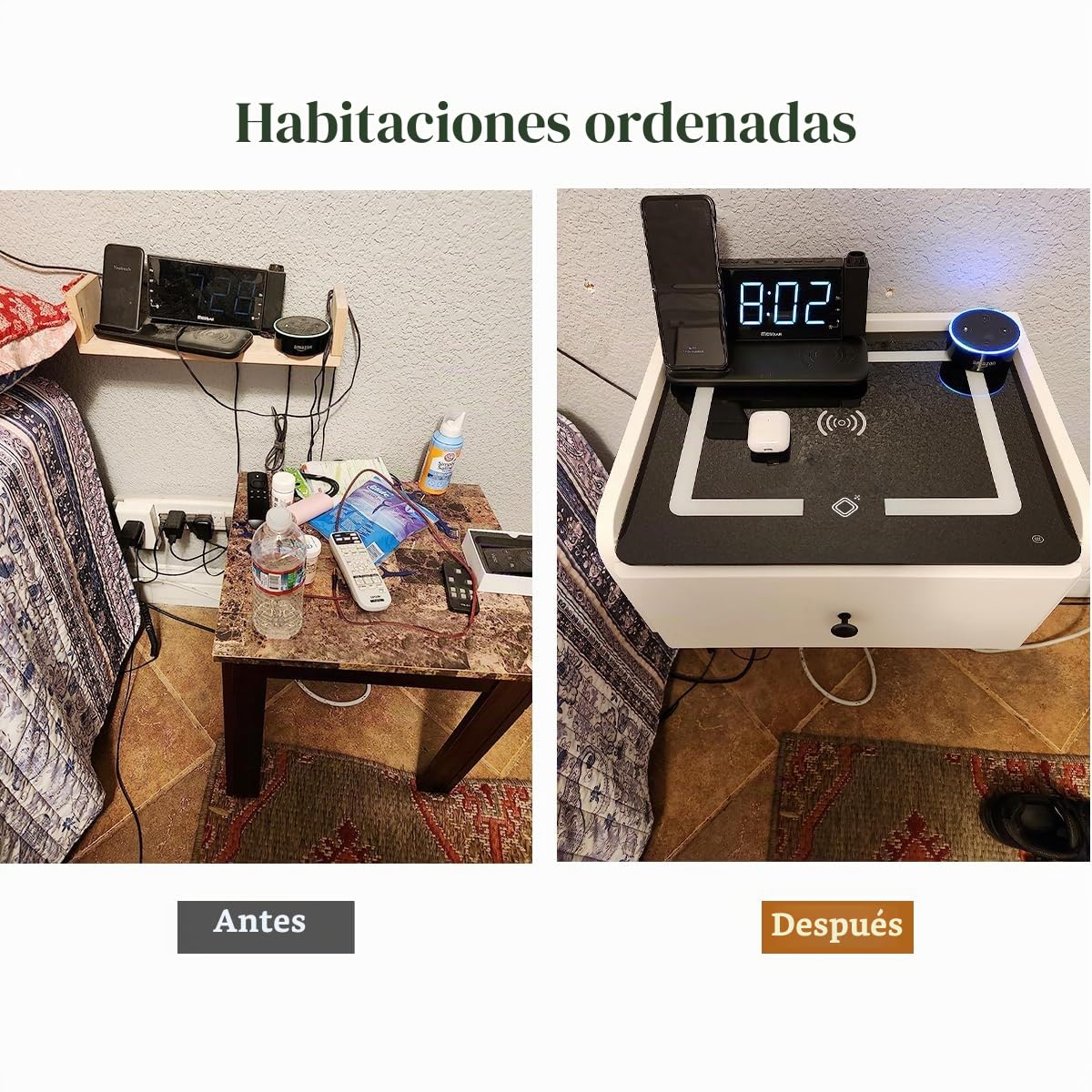Mesita de noche flotante LED con función de carga - Mesita de noche inteligente - Opciones de dormitorio para jóvenes blancos.
