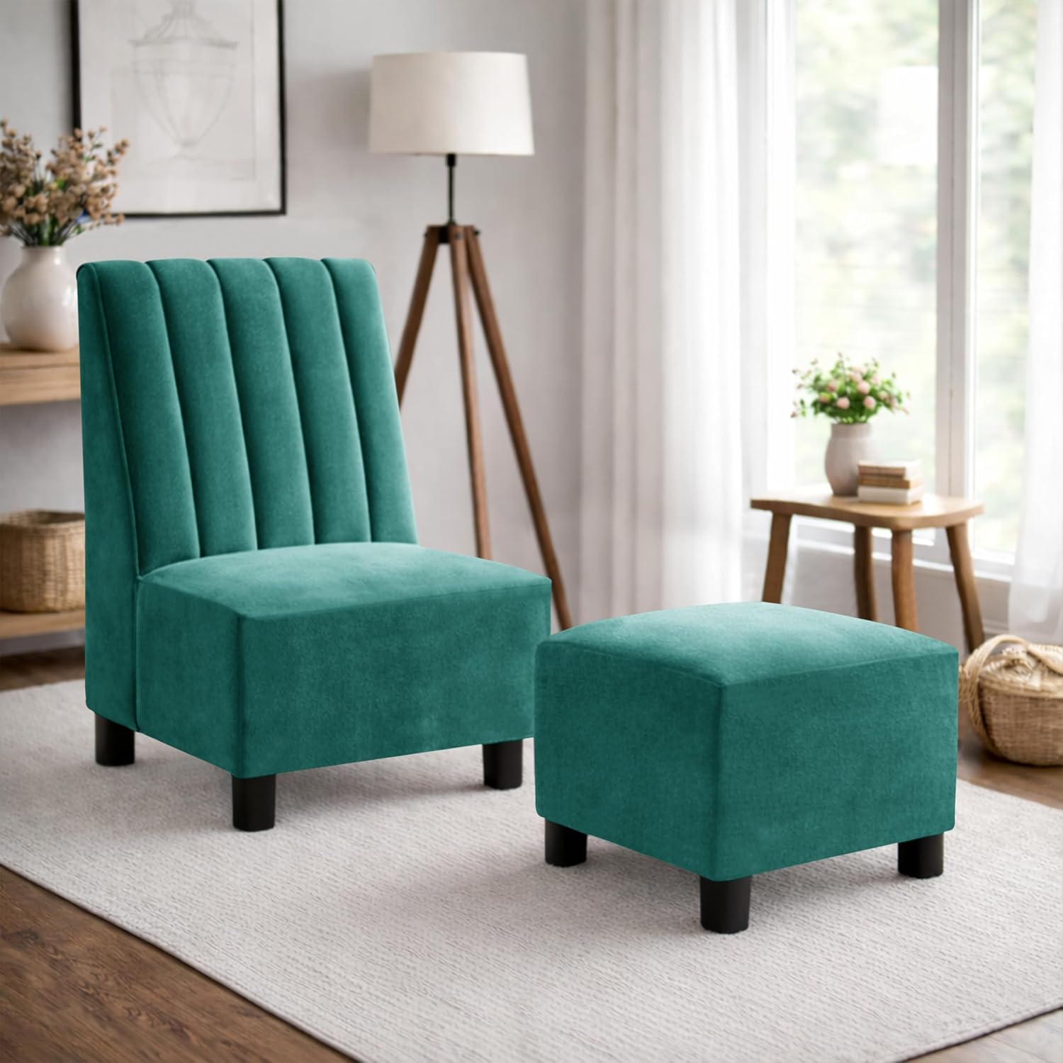 Rosebell Sofa with Ottoman Combo One Seater Sofa Set with Matching Footrest for Living Room & Bedroom, Guest Room - Green Color