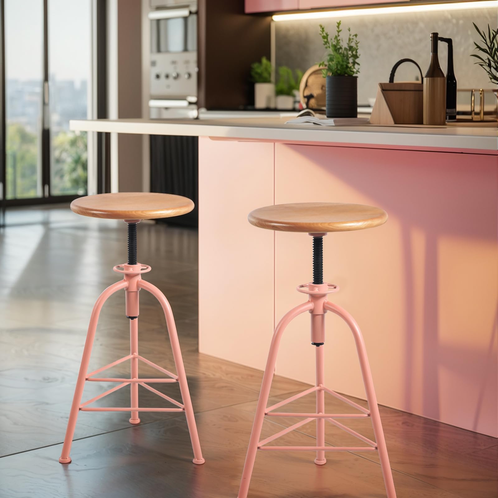 Topower Antique Industrial Design Metal Adjustable Height Bar Stool, Kitchen Dining Breakfast Chair, Wood Seat Counter Stool, Set of 2, Pink