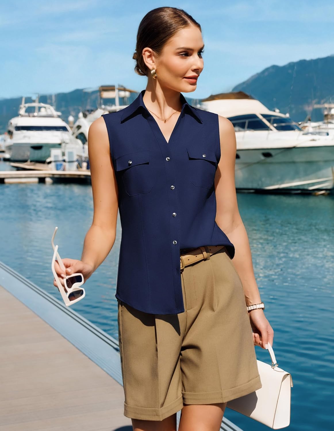 GRACE KARIN Women Sleeveless Button Down Shirts, Summer Solid Dressy Casual Blouse, V Neck Tank Top Business Work 2026 Trendy - Image 5