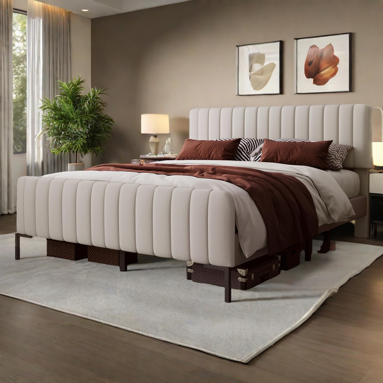 Letto Matrimoniale 180x200 cm con Testiera Regolabile, Letto una piazza e mezza con rete a doghe, Letto imbottito in grigio e beige, Struttura Letto Matrimoniale