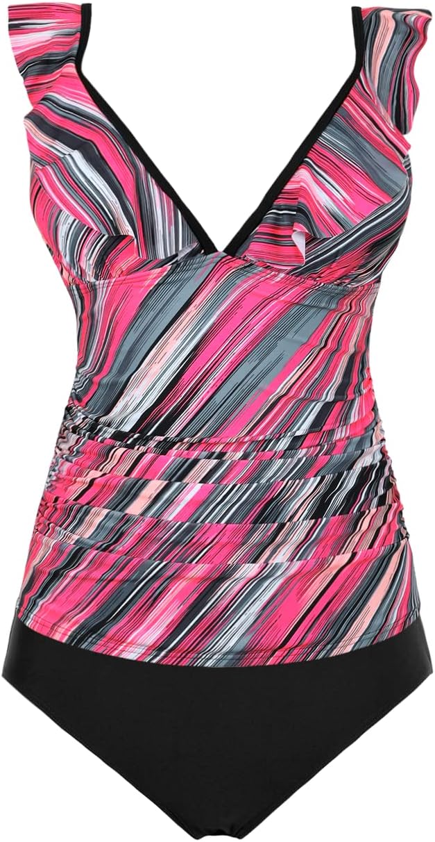 Hilor レディース タンキニ 水着 シャーリング 腹部コントロール 水着 フリル Vネック ツーピース 水着