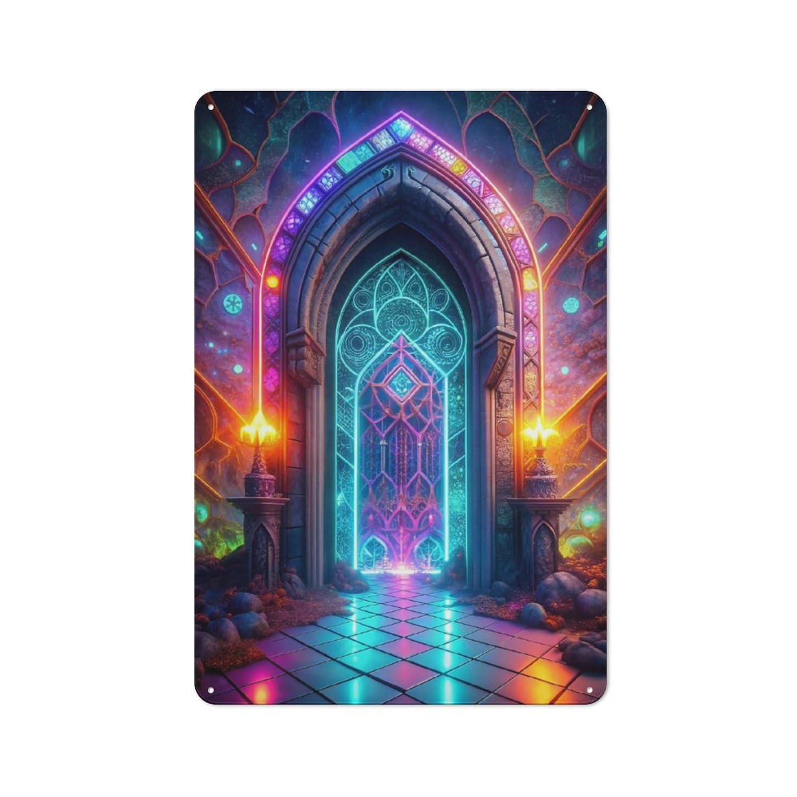 Junmoney Neon Portal Stained Glass Vintage Tin Sign 30X20cm Featuring For Workshop Wall, Gift For Metal Sign Collectors During The Christmas Season