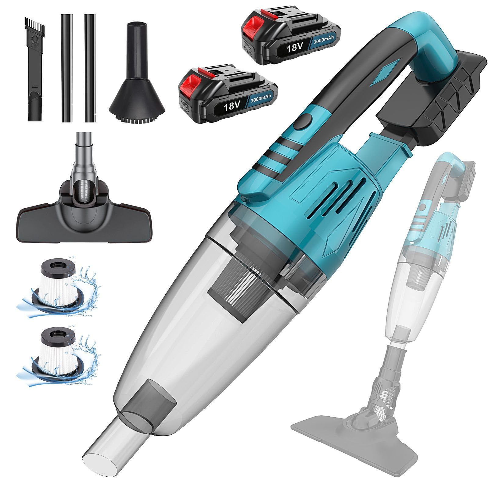 Aspiradora de mano con batería con 2 baterías de 3,0 Ah, 10000 Pa, aspiradora de coche fuerte, aspiradora inalámbrica portátil, USB, aspiradora sin cable para coche, hogar, pelo de
